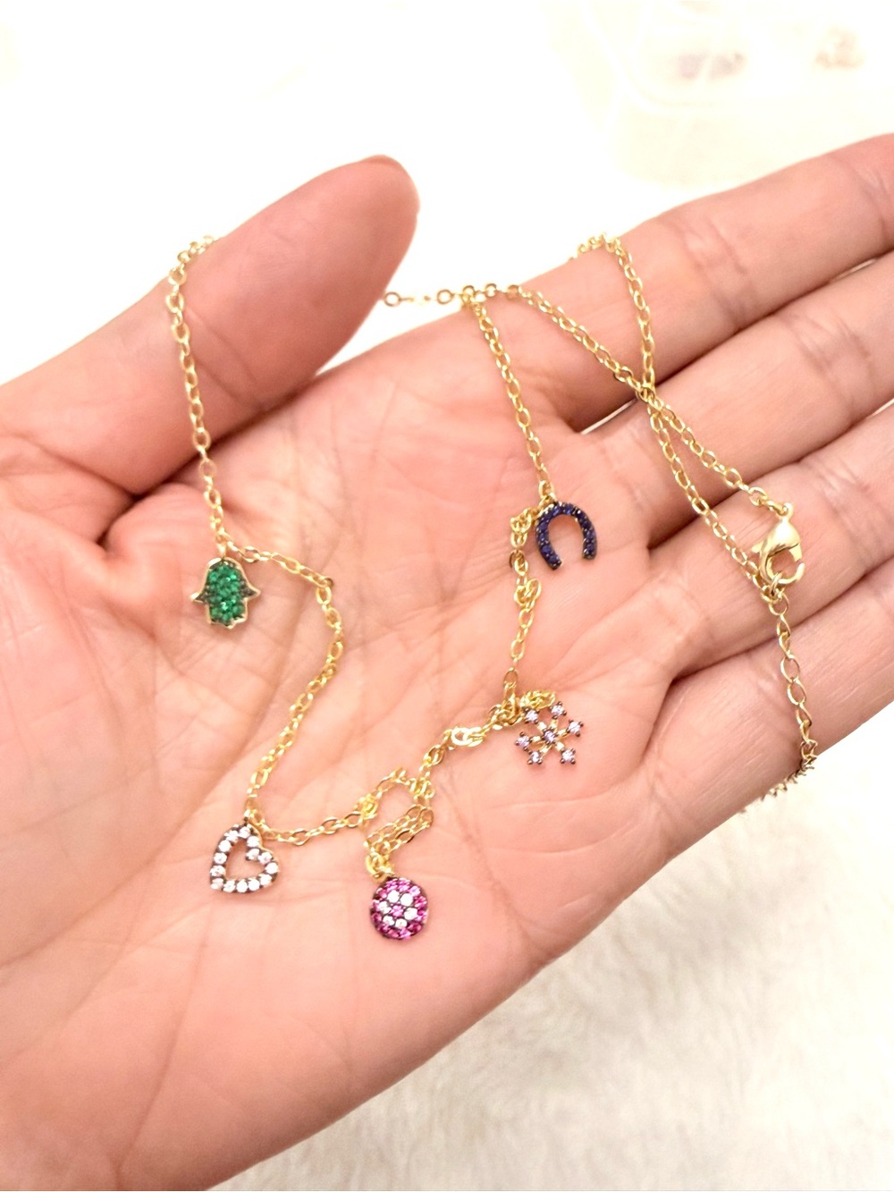 Gold Plated Multi-Charm Necklace with Pink, Green & Blue Accents